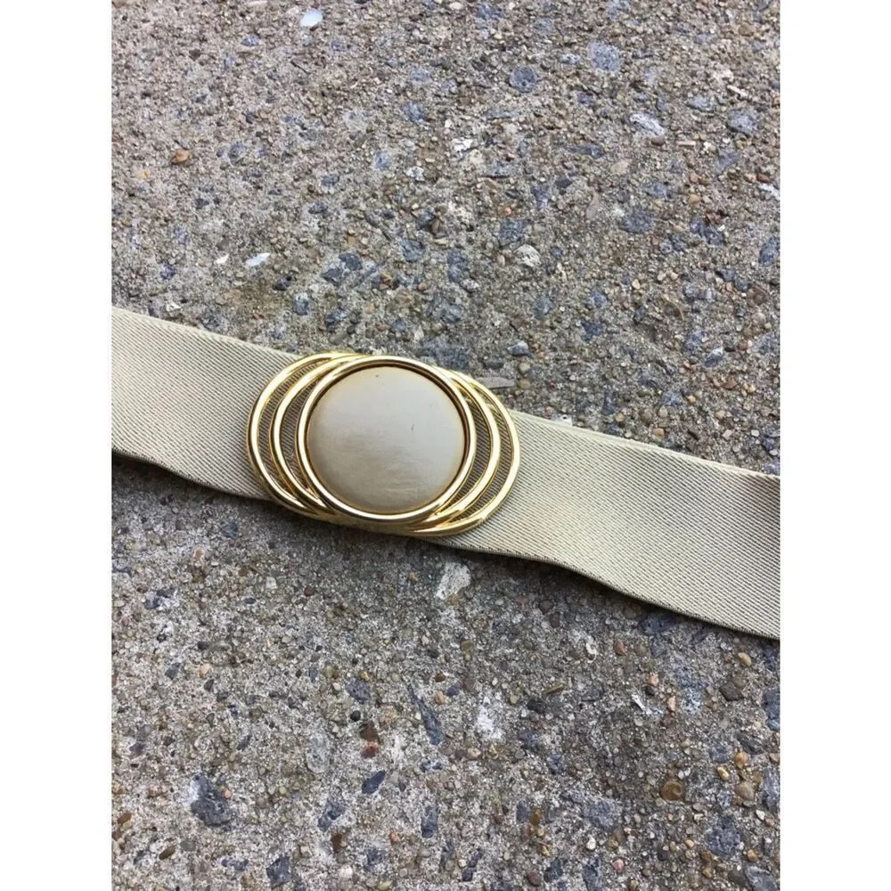 Vintage Beige Elastic Belt with Gold Statement Buckle